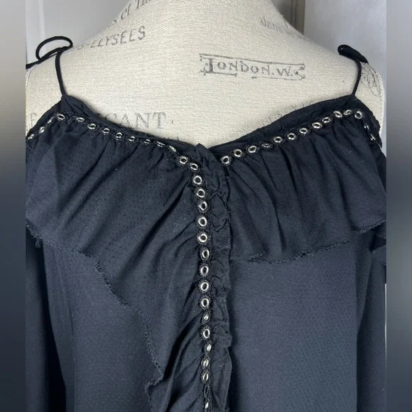 PAIGE Journee Tie Shoulder Blouse Grommets and Ruffle Detail Black Size Medium - Picture 4 of 11